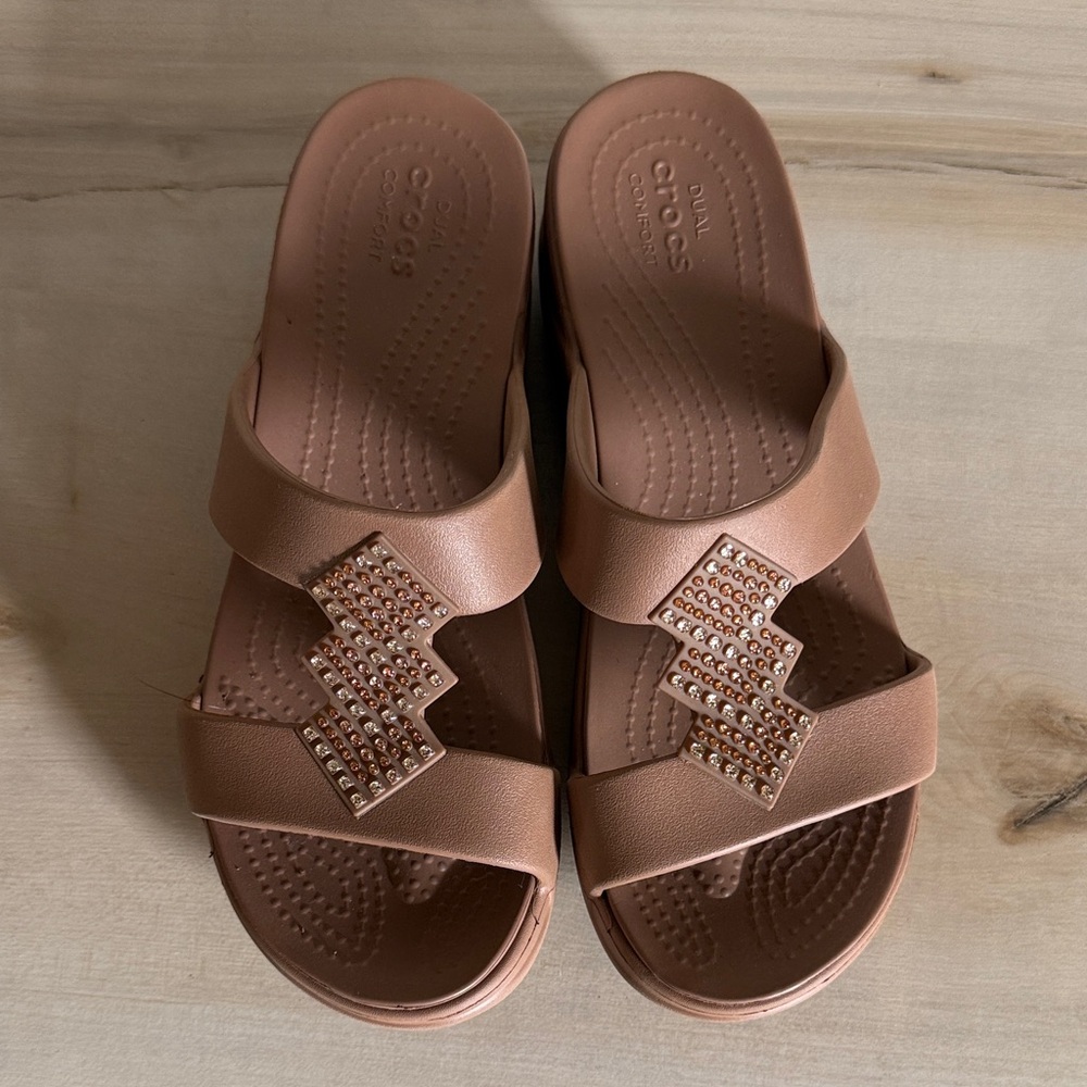 Crocs Monterey Shimmer Slip-On Wedge Flip-Flops - Picture 2 of 4